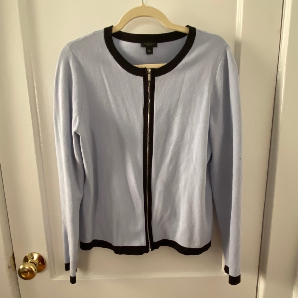 Ann Taylor Factory Zip Cardigan Blue w Black Trim